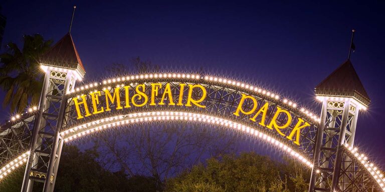 Hemisfair Park in San Antonio, filled with greenery and pathways