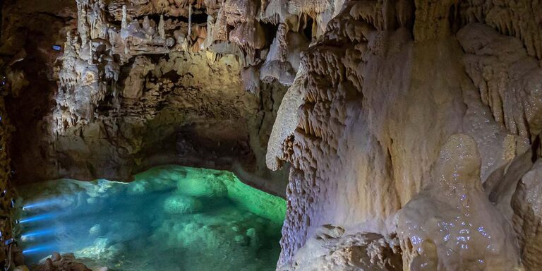 Natural Bridge Caverns, featuring dramatic stalactites
