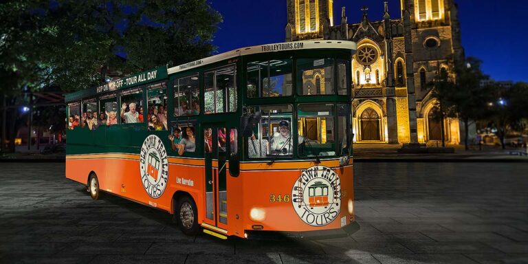 San Antonio City Lights Night Tour trolley and San Fernando Cathedral