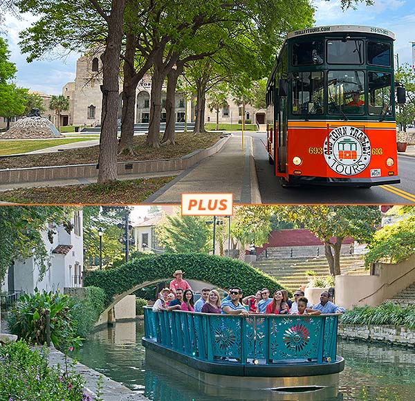 Old Town Trolley in San Antonio and Go Rio boats on River Walk