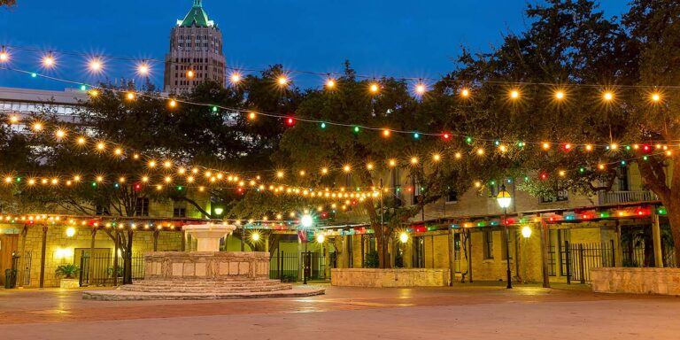 San Antonio plaza, tower of life and holiday lights