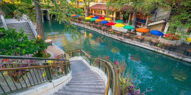 Vibrant pink azaleas blooming along the San Antonio River Walk in spring