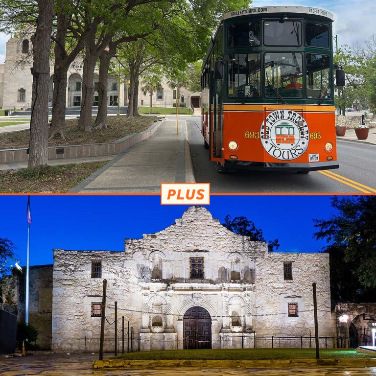 Top image: San Antonio Old Town Trolley at Tobin Center; bottom image: Alamo at night.