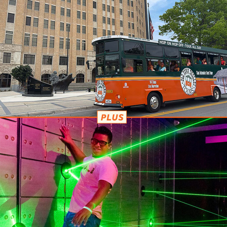 Top image: Old Town Trolley in San Antonio; bottom image: guest navigating lasers at Amazing Mirror Maze Escape.